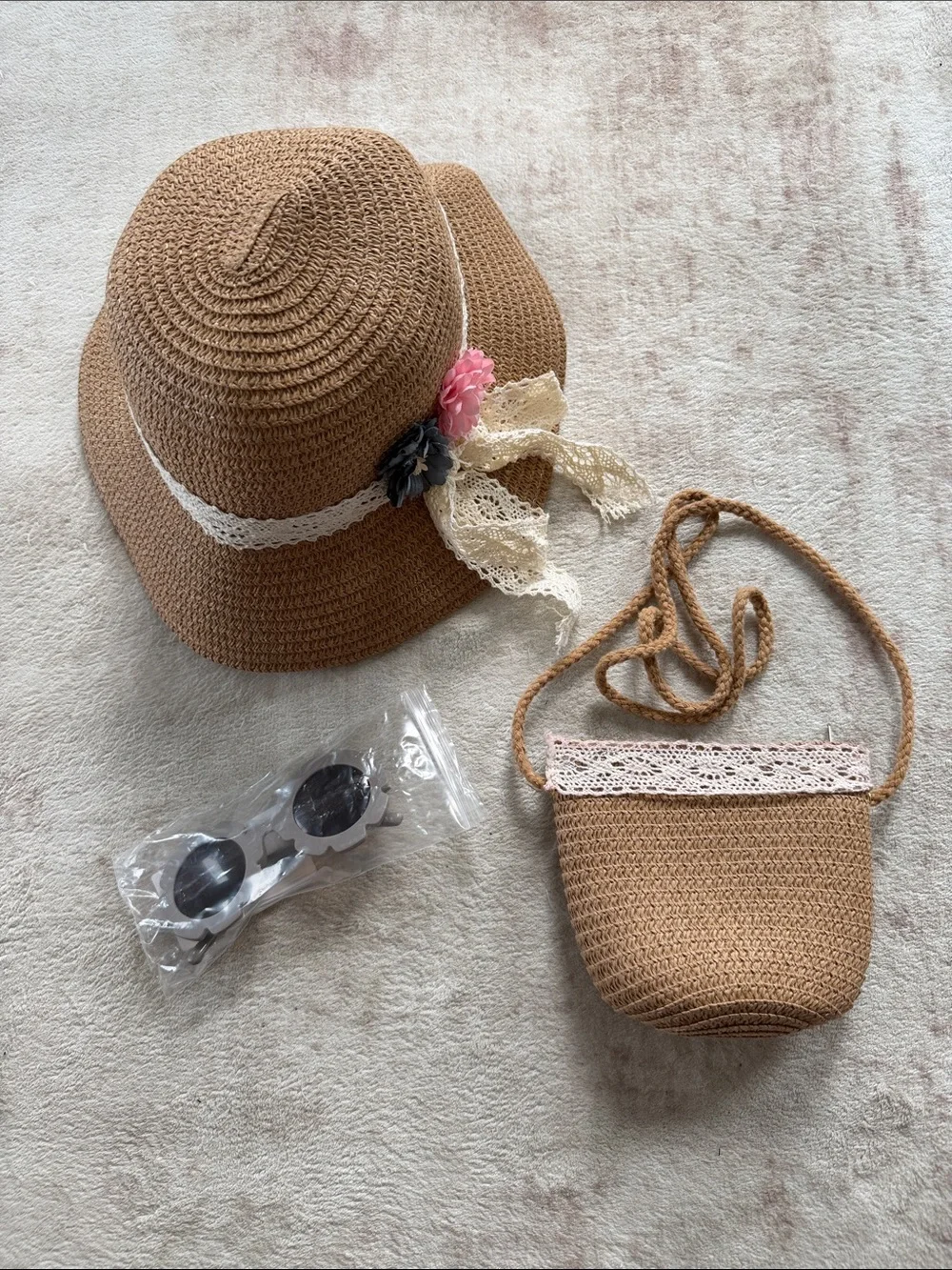 Girls Brown Straw Sun Hat & Crossbody Bag Set with Lace and Floral Trim